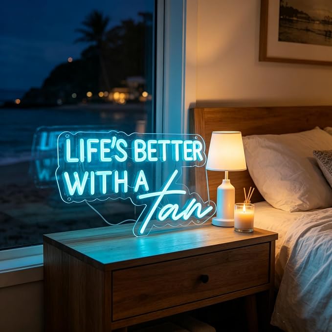 Life's Better With a Tan Neon Sign Ice Blue LED Neon Light for Wall Decor USB Powered Neon Signs for Tanning Salon Beauty Studio Bedroom Home Bar Party Aesthetic Decor Tanning Room Accessories