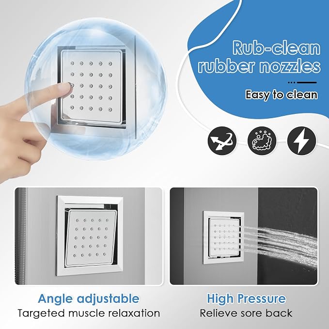 ROVOGO Shower Panel Tower System with Led Lights - Battery Powered, 46.5" | Rainfall Waterfall Shower Head, 2 Body Jets, Handheld and Tub Spout, Stainless Steel Shower Column with Brass Valves, Brushed