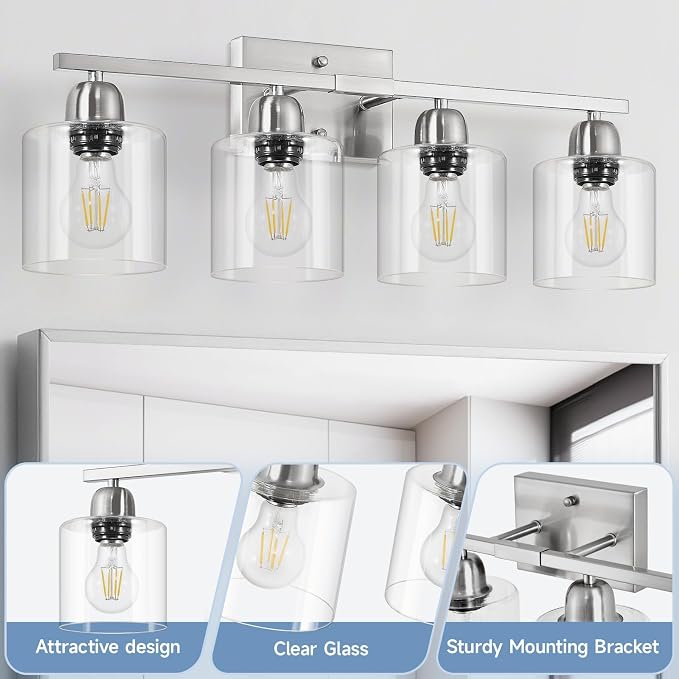Modern Brushed Nickel 4 Light Bathroom Light Fixtures, 24 inch Vanity Lights for Bathroom with Clear Glass, Bathroom Vanity Light for Mirror Kitchen Living Room Hallway Cabinet Porch
