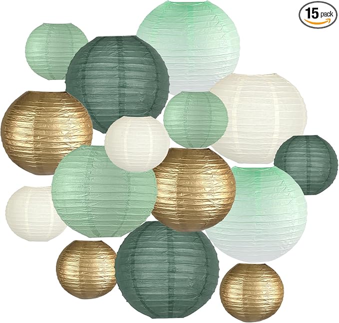 15-Pack Sage Green Gold Paper Lanterns, Hanging Classroom Decor | 6,8,10 Inch Hanging Lanterns for Weddings, Bridal Showers, Graduations, Anniversaries & Baby Showers