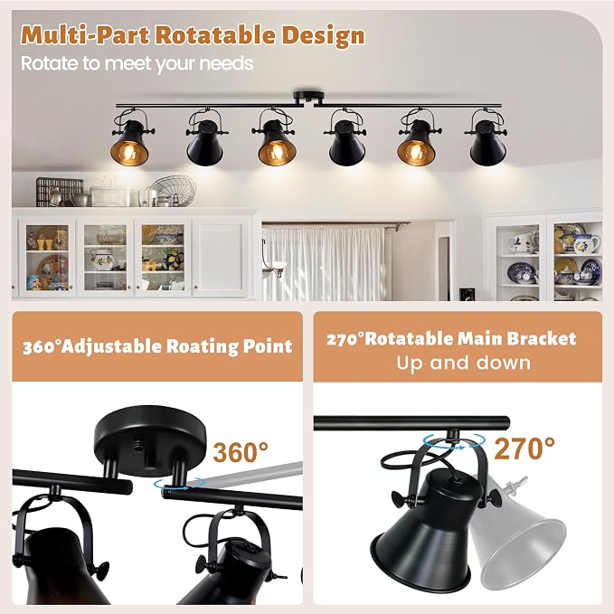 57" Black Track Lighting Fixtures Ceiling 6 Light Rustic Track Light | Farmhouse Track Light for Kitchen Bar Closet Living Room Spotlight,Directional 270°Rotatable Light Head