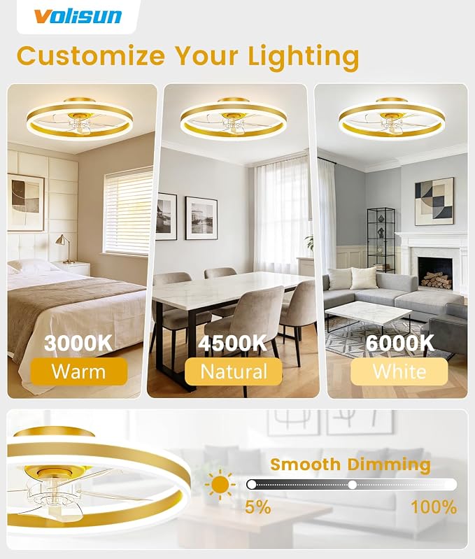 VOLISUN Low Profile Ceiling Fans with Lights and Remote, 20in Flush Mount Ceiling Fans with Light, 3000K-6500K Dimmable Fandelier LED Fan Light, Gold Bladeless Ceiling Fans with Lights for Bedroom