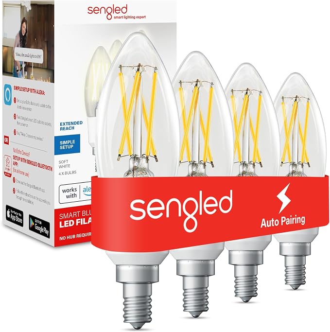 Sengled Smart Light Bulb, E12 Smart Bulb, S1 Auto Pairing with Alexa Devices, Candelabra Light Bulbs, Smart Chandelier Light Bulbs that Work with Alexa, 45W Equivalent, Warm Light Bulbs, 4-Pack