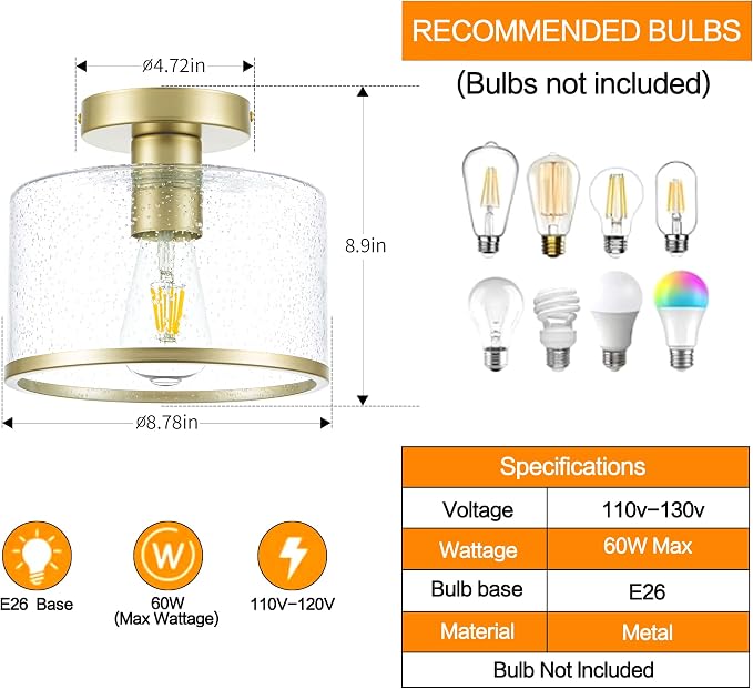 Zlepmlla Modern Flush Mount Ceiling Light, Seeded Glass Ceiling Light Fixture, Gold Light Fixture for Hallway, Bedroom, Entryway, Kitchen，Living Room