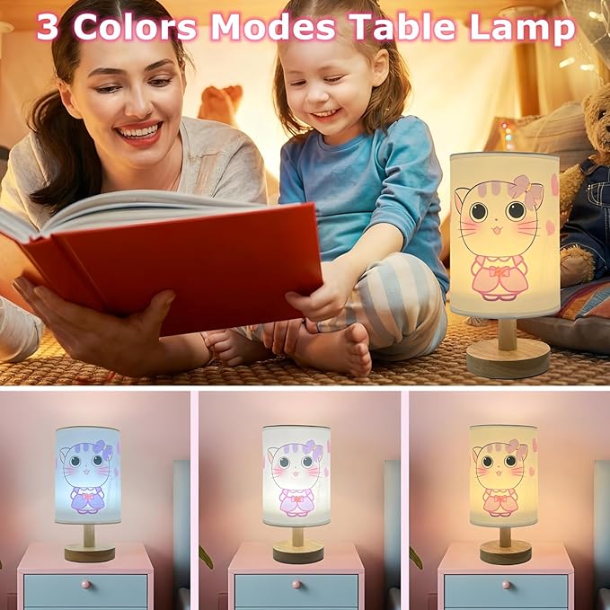 Kitty kids Bedside Table Lamps for Bedroom,Cute Cat Lamp for Girls Room Decor 3 Color Dimmable Cats Night Light with Cartoon Shade Desk Lamp for Girls Boys Cat Lovers Room Nursery Decorative Lights