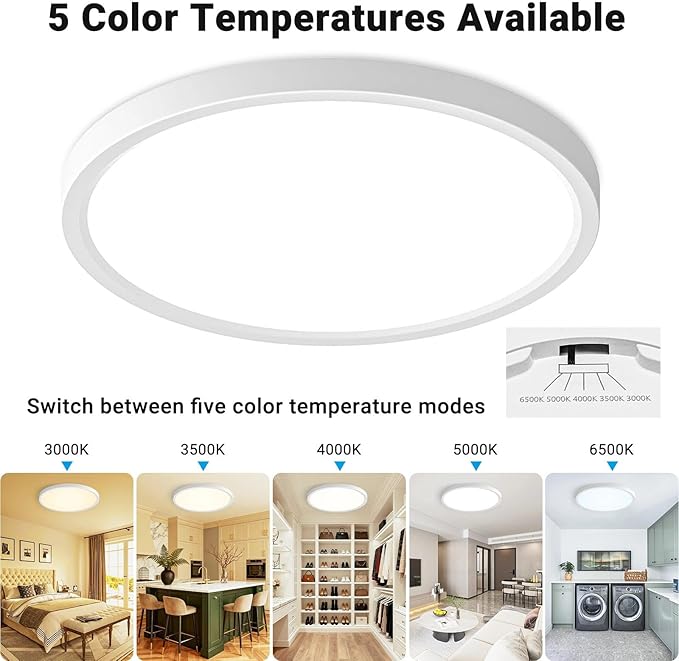 6 Pack LED Flush Mount Ceiling Light,12Inch 24W,3000K/3500K/4000K/5000K/6500K 5 Color Temperatures Ceiling Light Fixture for Kitchen Porch Hallway Bedroom Bathroom,White