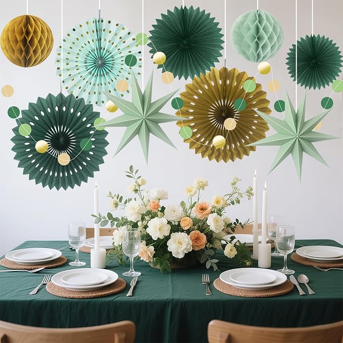 ADLKGG Sage Green Party Decorations, Hanging Paper Fans Circle Garland Paper Lanterns St Patrick's Day Party Supplies, Sage Green Themed Graduation Birthday Wedding Bridal Neutral Baby Shower Decor
