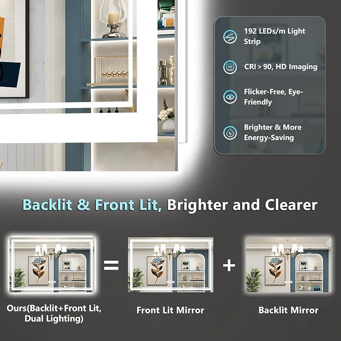 50x40 LED Bathroom Mirror, Backlit & Front Lit Lighted Mirror | Anti-Fog Vanity Mirror with Lights, 3 Color Dimmable, Memory, Shatterproof, Tempered Glass, CRI95, UL Listed, Wall Mounted