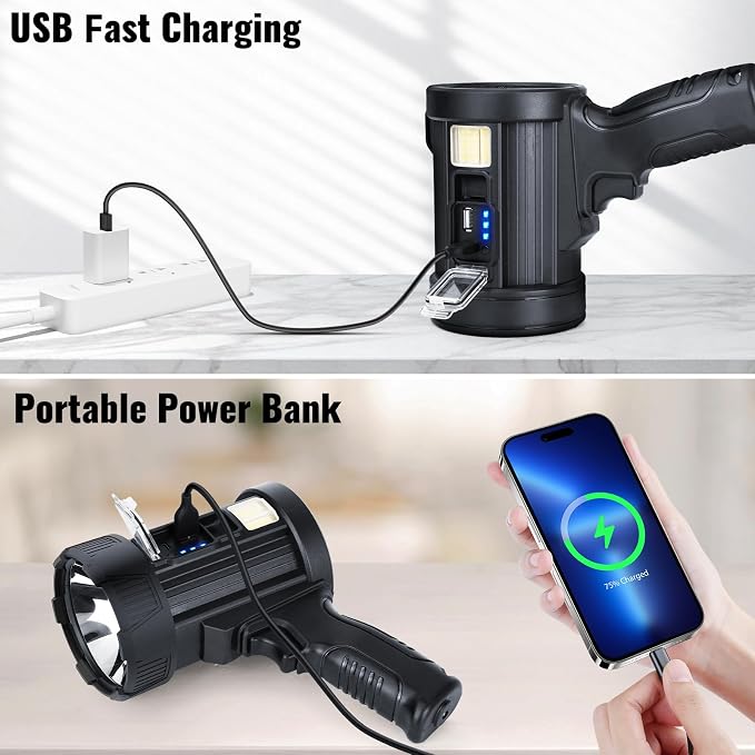 Sigoobal Rechargeable Spotlight,2000000 LM Super Bright Handheld Spot Light LED Flashlight High Lumens,Powered Spotlight Large Searchlight Outdoor with Solar Panels for Boating Camping Hunting