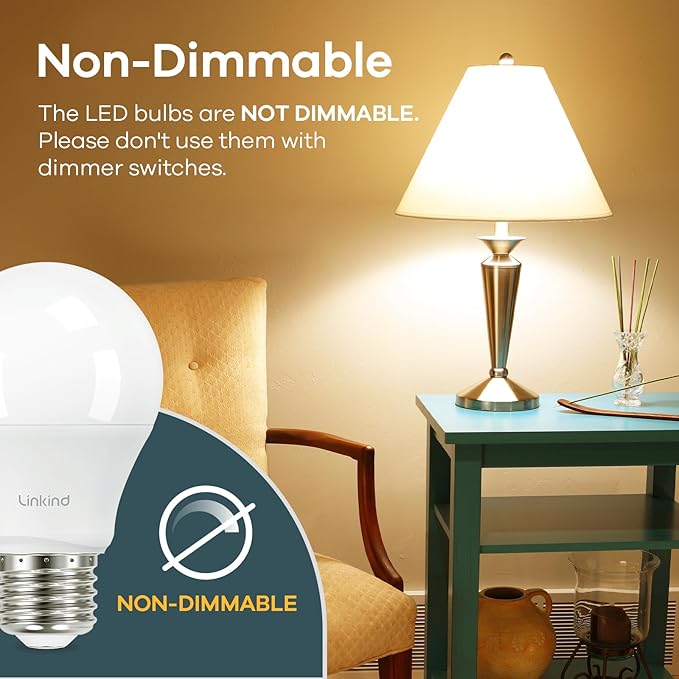 Linkind A19 LED Light Bulb, 60W Equivalent, 2700K Soft White Light Bulbs, 800 Lumens 8.5W Non-Dimmable LED Bulbs, E26 Standard Base, Energy Efficient for Bedroom Home Office, 6 Packs