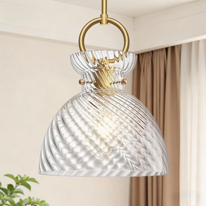 Gold Pendant Light Kitchen Island with 9.84'' Striped Glass Shade | Modern Pendant Lighting Over Sink, Adjustable Hanging Ceiling Light, E26 Dimmable Hardwired for Dining Room Hallway, 1-Pack
