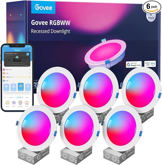 Govee 6 Inch Smart Recessed Lighting, Wi-Fi Bluetooth Direct Connect RGBWW LED Downlight, 65 Scene Mode, Work with Alexa & Google Assistant, LED Recessed Lighting with Junction Box, 1100 Lumen, 6 Pack