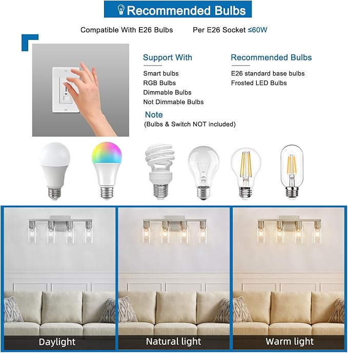 4 Light Bathroom Vanity Light Brushed Nickel Vanity Lights for Bathroom Modern 4-Lights Wall Sconce with Clear Glass Shade for Bedroom Living Room