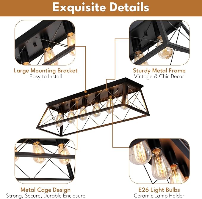 38" Large Flush Mount Ceiling Light for Kitchen Hallway Fixtures | Vintage Industrial Kitchen Ceiling Light Fixtures with X-Shaped Metal Cage, 6-Light Black Large Flush Ceiling Lighting