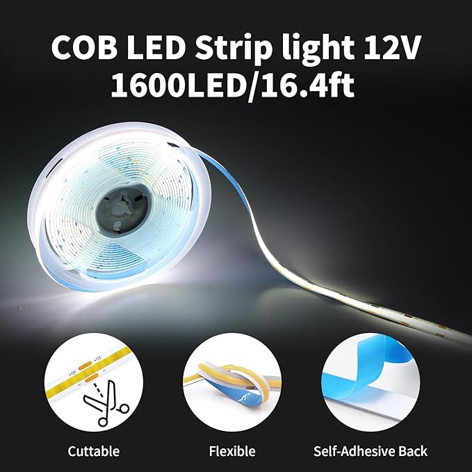32.8FT/10M COB LED Strip Light, Cold White 6000K LED Tape Lights, 8mm Width, CRI93+ Dimmable Flexible Lights Strip for Bedroom TV Backlight Cabinet Kitchen Mirror Decor(with Plug)