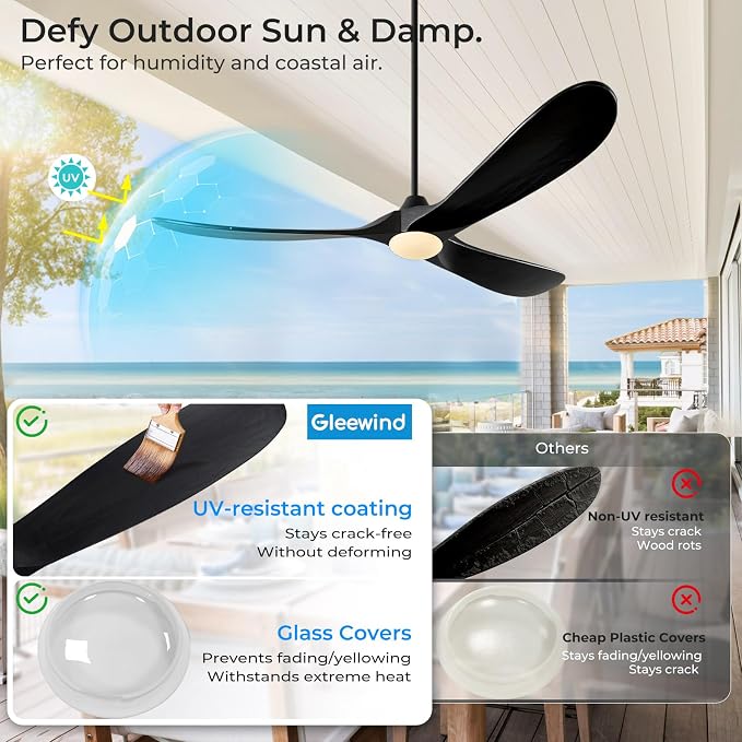 Outdoor Ceiling Fans with Lights-Glass Lamp, 52 inch Damp Rated Wood Propeller Blades for Patios & Porch, Smart APP and Remote Control, 3 Blades Dimmable LED Ceiling Fans, High CFM 6 Speed-Black