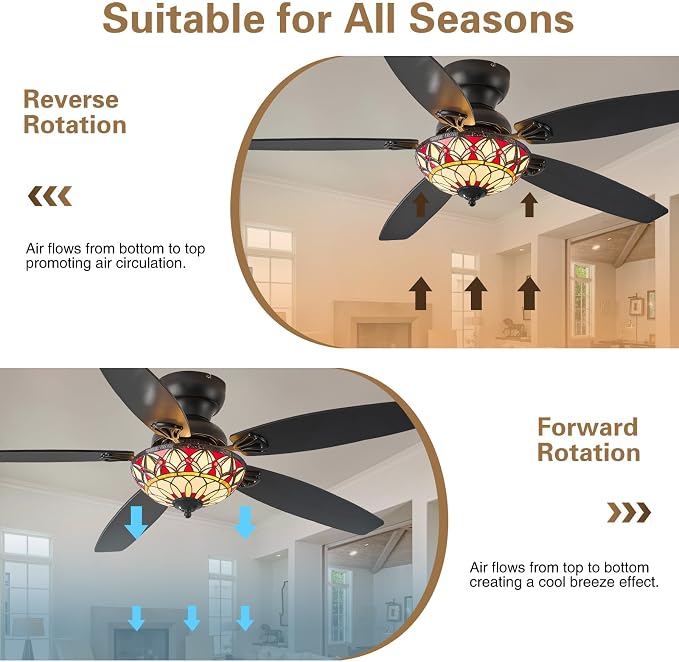 Tiffany Ceiling Fans with Lights-52"Ceiling Fan Chandelier and Glass Shade | 52" Ceiling Fan Chandelier with 5 Dual-Blades and Glass Shade, 6 Speeds and Reversible, Indoor and Outdoor, Retro Style