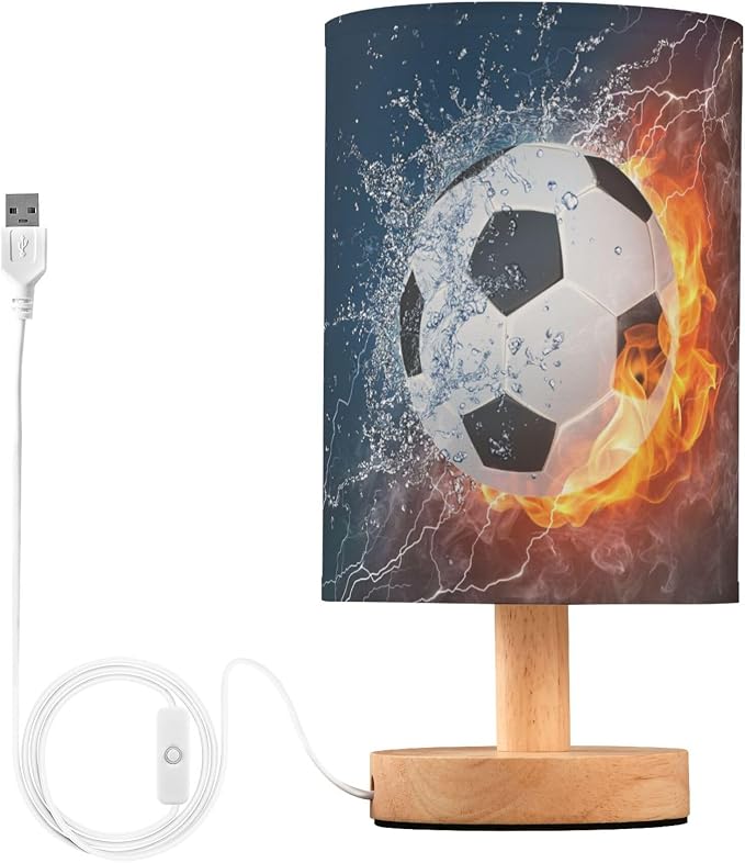 Table Lamp Soccer Ball in Fire Flame Water Sport Design American Football Nightstand Lamp with Wood Base Fabric Lamp Shade Bedside Desk Lamp for Living Room Bedroom Kids Room Office
