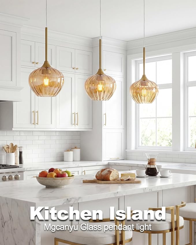 2-Pack Amber Glass Pendant Lights for Kitchen Island, 7.7" Modern Pendant Lighting Vintage Gold Light Fixtures Adjustable Hanging Light for Kitchen, Dining Room, Bar, Bathroom