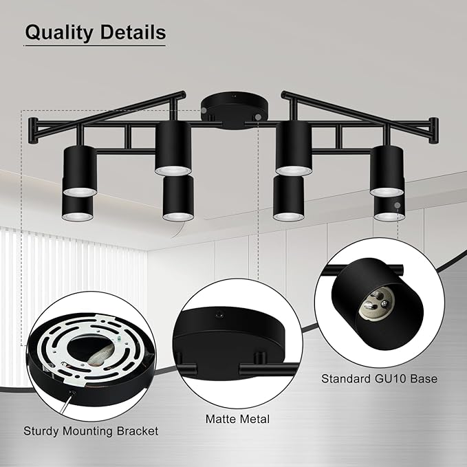8 Light Track Lighting Fixtures Ceiling, Matte Black Kichen Track Lighting Fixtures, Rotatable Light Heads, Adjustable Modern LED Track Lights for Kitchen/Hallway, No GU10 Bulb