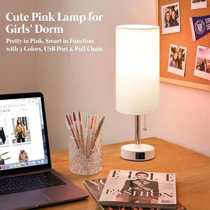 White Bedside Table Lamp for Bedroom - Small Nightstand Lamp for Girls | 3 Color Temp, USB A+C Ports, LED Bulb Included, Soft White Fabric Shade, Matte White Metal Base, 14" Desk Lamp for Kids Dorm