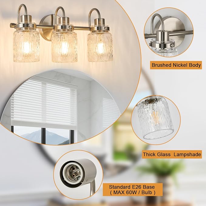 3 Lights Hammered Glass Bathroom Vanity Light,Brushed Nickel | Easy Installation,Up or Down,Farmhouse Modern Style,E26 Socket,ETL Certification