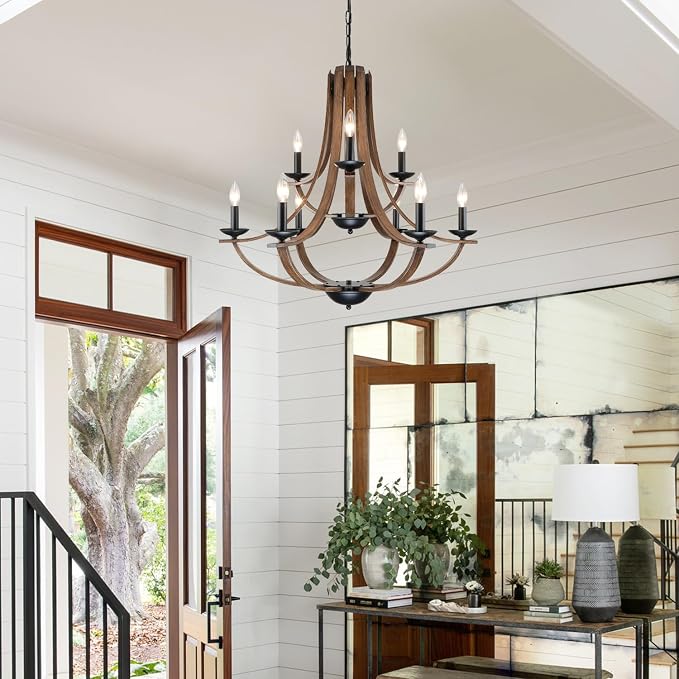 LAMPKEDUO Farmhouse Chandeliers for Dining Room Light Fixture,2 Tier 9-Light 31" Adjustable Height Retro Faux Wood Texture Rustic Light Fixtures for Living Room Bedroom Foyer Entryway