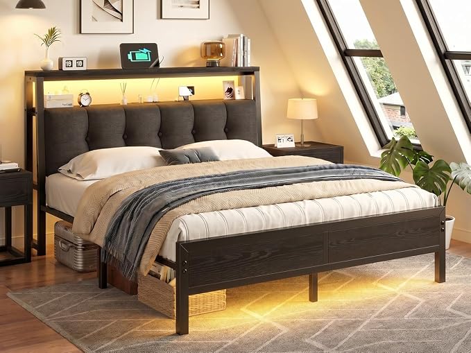 Homkdom Full Bed Frame,Upholstered Storage Headboard,Charging Station,Black | LED Lights, 12" Under-Bed Storage, 2 Three-prong Outlet&2 USB, Noise-Free, Quick Assembly, Supports up to 900 lbs