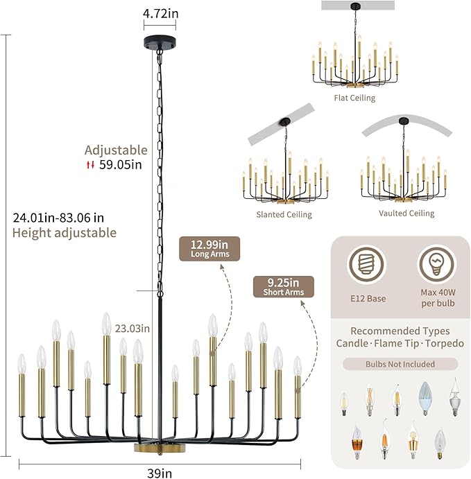 Black and Gold Chandelier, 16-Light Farmhouse Chandelier for Dining Room Lighting Fixtures Hanging, Industrial Modern Chandeliers for Dining Room Living Room Foyer Entry Staircase Kitchen