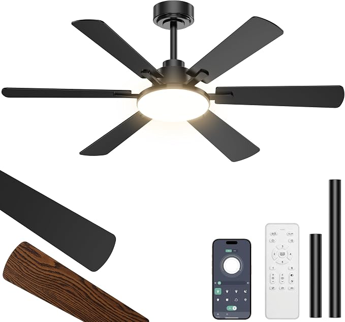 52'' Ceiling Fans with Lights and Remote Control for Living Room | 6 Blades, 6 Speeds, MAX 5600 CFM, Remote&APP Control, 3CCT Dimmable LED, All Metal Body, Memory Function, Reversible DC Motor
