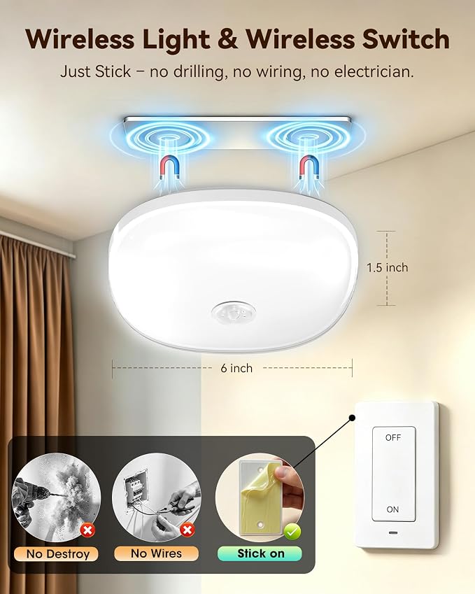 Rechargeable Ceiling Light with Switch, Wireless Closet Lights, Multicolor | No More Motion Sensor Guesswork – You Decide Every ON/OFF