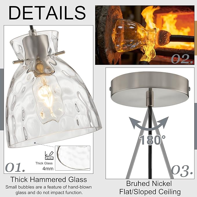Hammered Glass Pendant Lights Kitchen Island, 5.9“ Small Brushed Nickel Pendant Light Fixtures, Adjustable Modern Hanging Lights Kitchen Pendant Lighting over Island Sink Bathroom Dining Room Bedroom