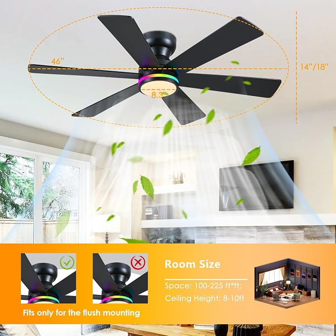 46" 6-Blade Black Low Profile RGB Ceiling Fan with Light and Remote/APP | 11 RGB Modes,Reversible 6 Wind Speeds,Dimmable 3 CCT LED, 25W Quiet DC Motor,Timer,6 Double-Sided Blades,for Bedroom Party