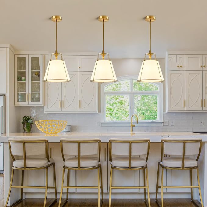 Modern Pendant Light Fixtures with 13" White Linen Fabric Shade, Adjustable Hanging Light Fixture,Drum Gold Vintage Chandelier for Kitchen Island Bedroom Dining Room Foyer Entryway