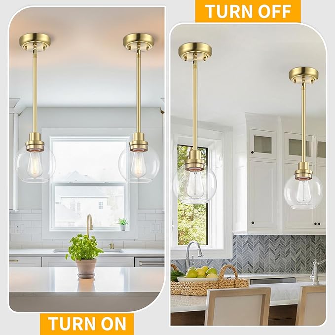 2 Pack Globe Pendant Light Gold Mid Century Modern Light Fixture, Clear Glass Pendant Lights Kitchen Island Pendant Lights Brushed Brass Finished with Clear Glass Lampshade