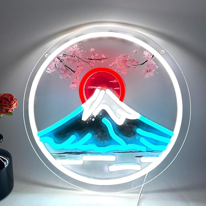 Mount Fuji Sunrise LED Neon Sign with Cherry Blossom, Japanese Sakura Style Wall Decor, USB Powered Neon Light for Bedroom, Living Room & Aesthetic Home Decor Holiday Birthday Gifts