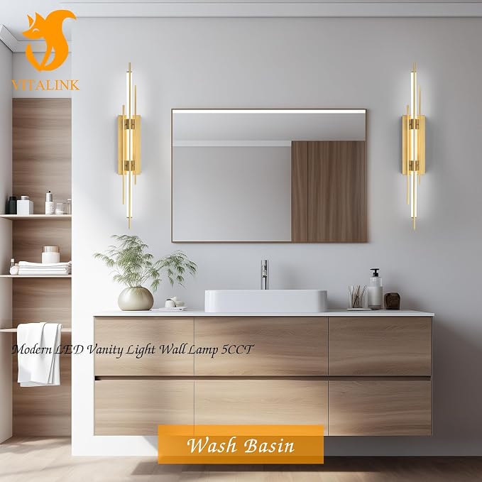 Gold LED Vanity Light 31IN Modern LED Bar Wall Light Over Vanity Mirror Hardwired Picture Light Dimmable Bathroom Wall Mount Lighting 5CCT(3000K/3800K/4500K/5200K/6000K)