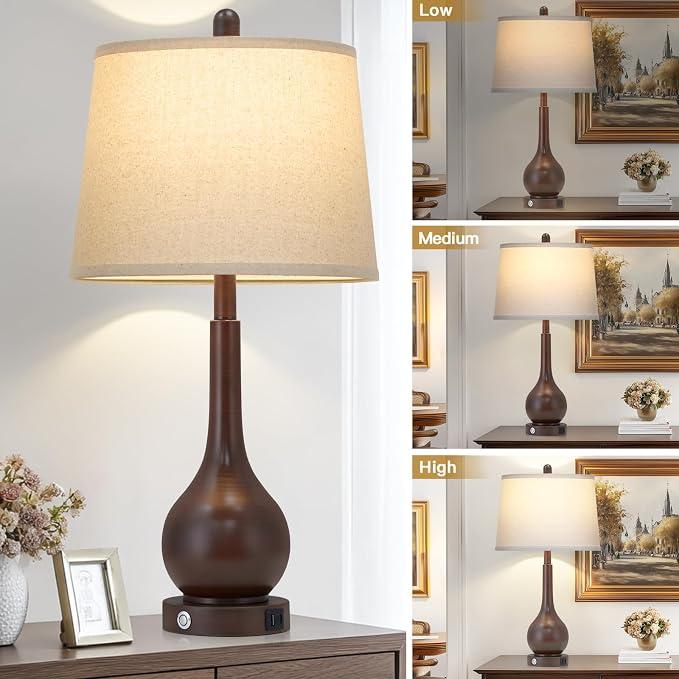 26" Brown Table Lamp Single, Touch Control Bedside Lamp for Bedroom Nightstand, 3-Way Dimmable Farmhouse Lamp for Living Room with Charging Port (1 Pack)