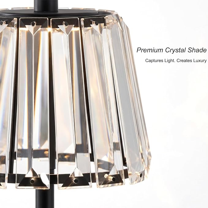 13" Small Crystal Cordless Table Lamp, Touch Rechargeable Desk Lamps | 3 Color Temps, Stepless Dimming, Black Portable Battery Operated LED Desk Lamps for Bedside, Nightstand, Kitchen, Patio, Gift
