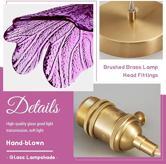 Modern Pendant Light for Dining Room, Purple Glass Leaf Shade | Mid Century Pendant Lights For Ceiling, Brass E26 Base, Gold Hanging Lamp Adjustable Height Vintage kitchen island Lighting