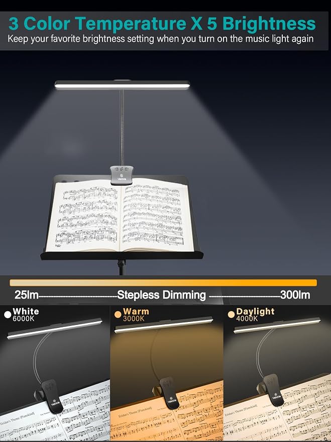 Vekkia Professional 88 LED Rechargeable Music Stand Light | Foldable Clip-on Lamp/Eye-Protective/5 Brightness & 3 Color Temp Adjustments/for Piano, Reading