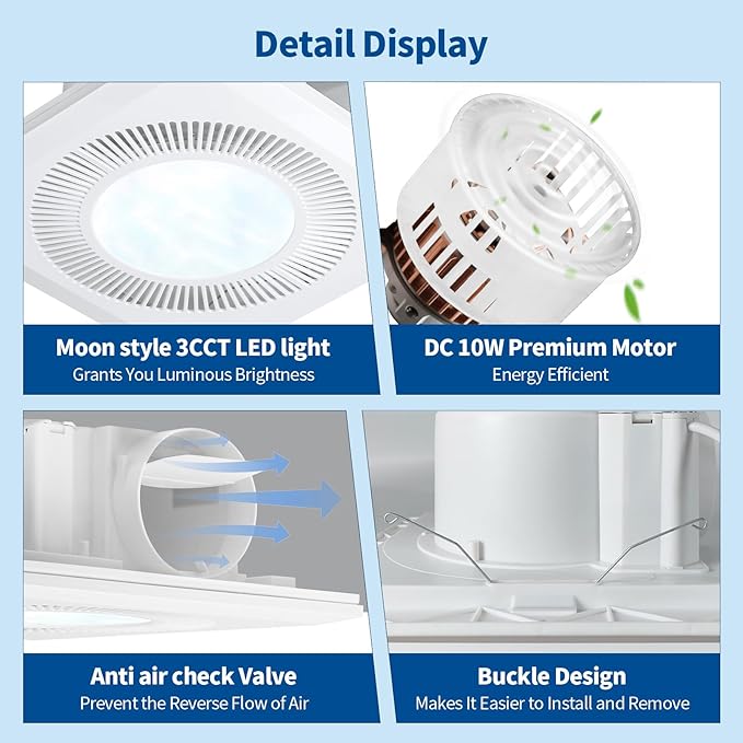 Bathroom Exhaust Fan With Light, Ultra Quiet 1.0 Sones Bathroom Vent Fan With Light, 110 Cfm, Bathroom Fan With Light, Three Color Temperatures 2700k/4000k/5700k, Ceiling Mount For Home, Bath, Office