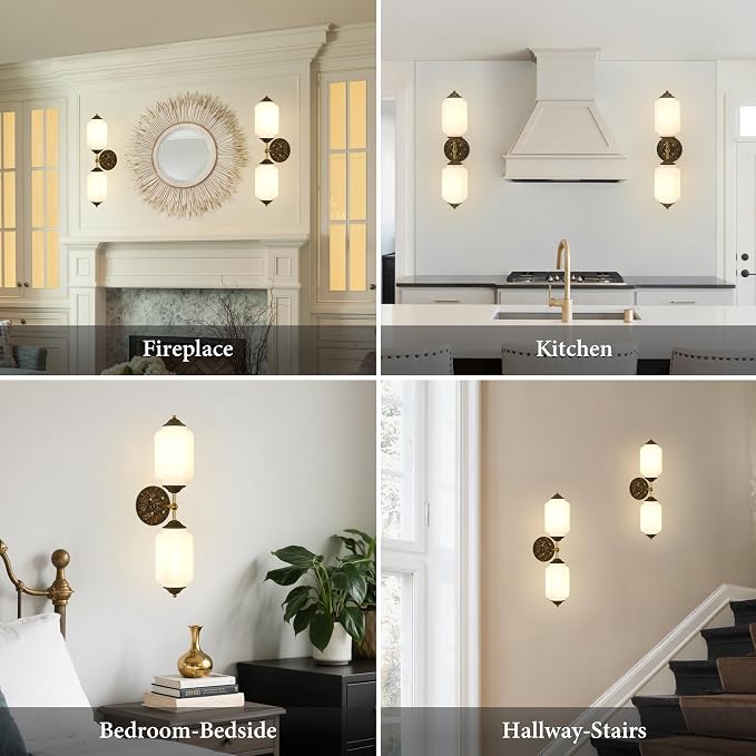 Vintage Milk Glass Bathroom Wall Sconce - Mid Century Dimmable Vanity Light | 25 in,Vertical or Horizontal Mounted,Antique Brass Gold Lighting Fixture for Bedroom Hallway Decor,E12 Bulb×2 Included