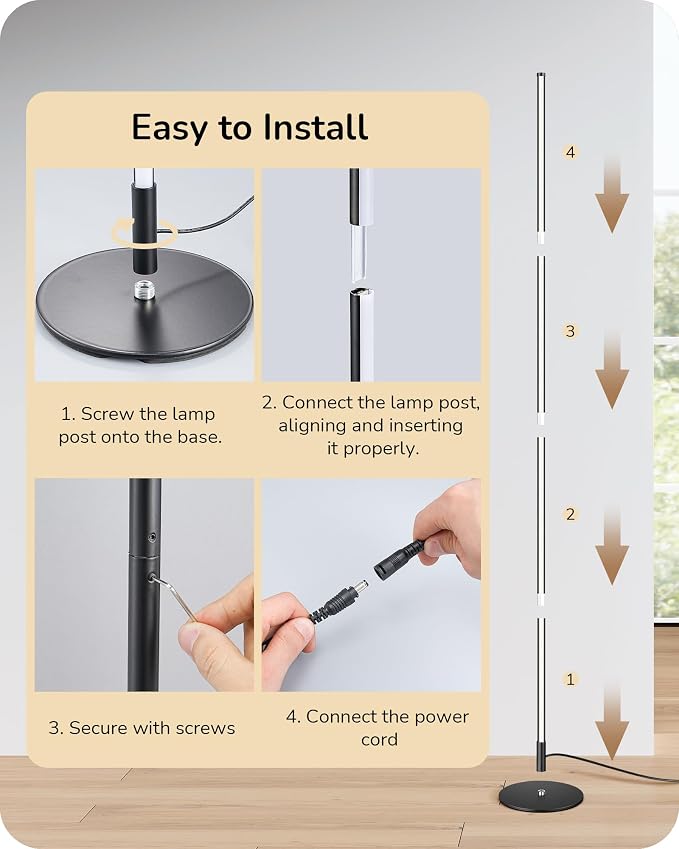 EDISHINE 59.8" Floor Lamp with Remote & 3 Height Settings, Dimmable & 3CCT | Foot Switch, Stable KD Structure, Modern Floor Lamps for Living Room, Bedroom, Office, Black