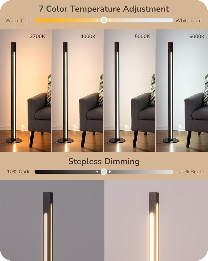 EDISHINE Wooden Corner Lamp with Remote, Dual Lighting, 7CCT & Dimmable | Foot Switch, Night Light Mode, Memory Function, Standing Lamp for Bedroom, Office, Natural Wood
