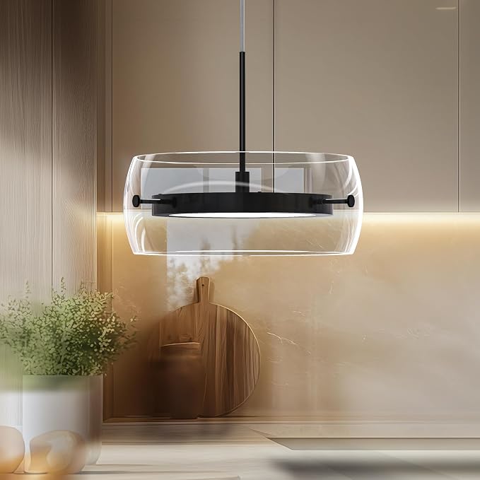 Pendant Lights Kitchen Island Dual-Sided LED Lighting, Adjustable Hanging Length, Glass Shade, Dimmable, Modern Ceiling Light Fixture for Dining Room, Bar, Living Room, Matte Black