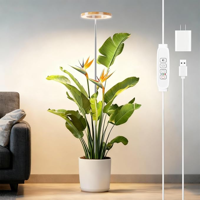 SDOVUERC Full‑Spectrum Grow Lights for Indoor Plants – Adjustable Height Plant Lamp with Wood‑Grain Finish, 6/12/18H Timer, 3 Color Modes, Perfect Plant Lights for Houseplants Growing.(Pack 1)