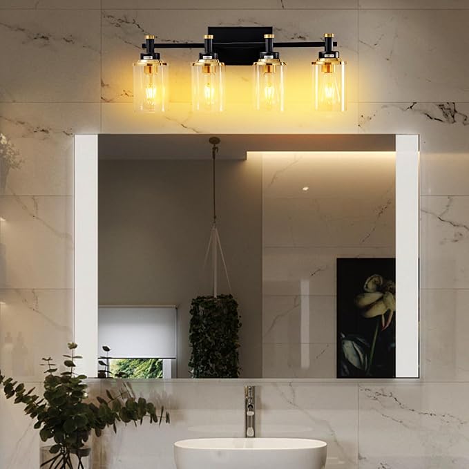 Modern Black & Gold Vanity Lights - 4 Light for Bathroom Over Mirror, Vintage Sconce with Clear Glass Shade