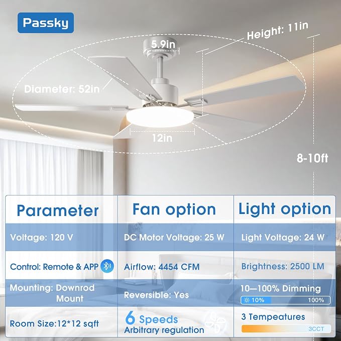 Passky Ceiling Fans with Lights, 52 inch Sleek Ceiling Fan with Light and Remote Control, 3CCT, Dimmable, Reversible, Noiseless, Silver Ceiling Fan for Bedroom, Living Room | 3-color dimmable light, quiet reversible DC motor, easy install, memory, Time...