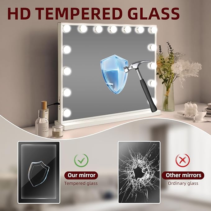 VANITII Hollywood Vanity Mirror with Lights USB Charging 22.8”*18.1” Lighted Makeup Mirror with 15 LED Bulbs Dimmable 3 Modes Tabletop for Cosmetic